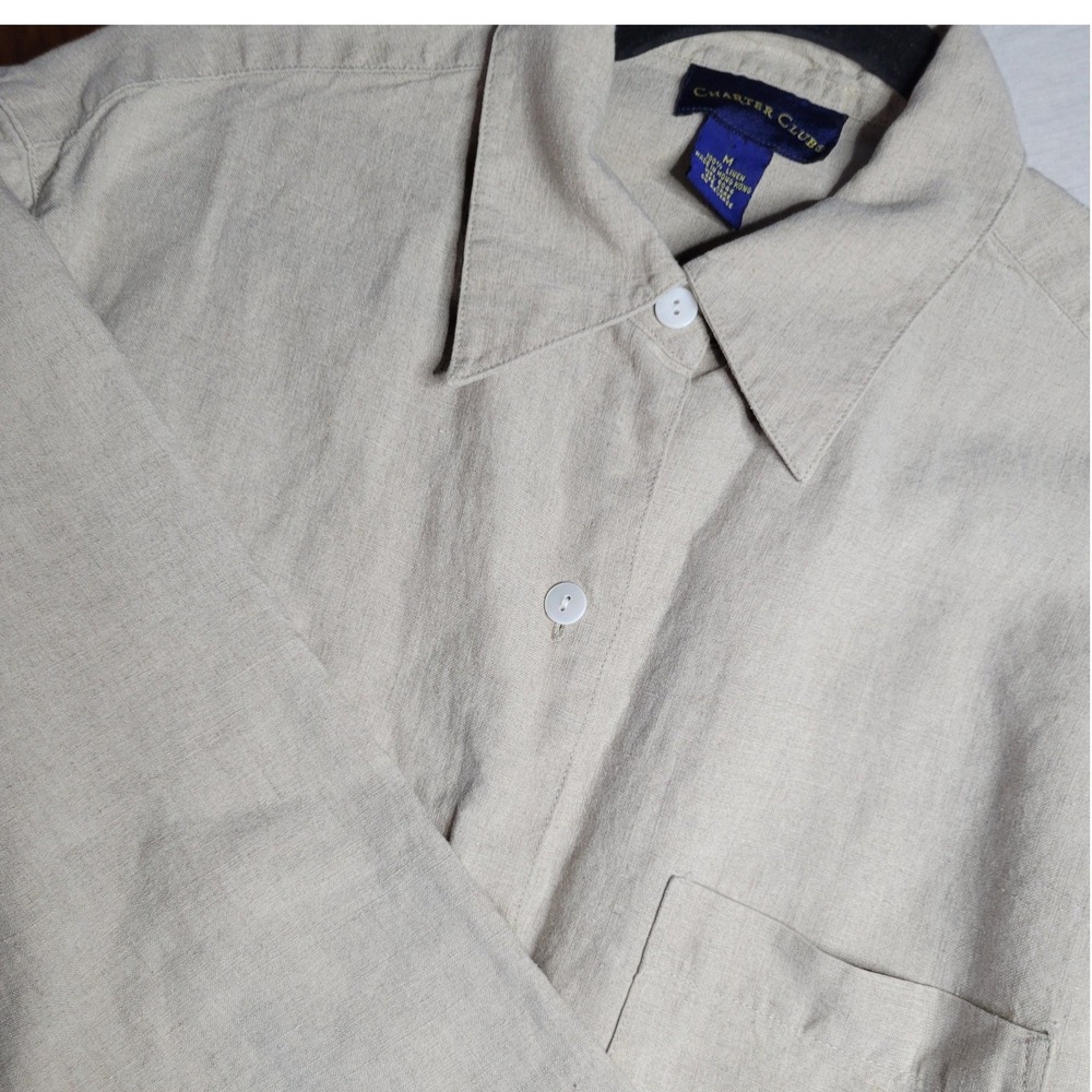 Charter Club 100% Linen Button Down Shirt Beige Oatmeal Long Sleeve women Medium